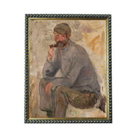 The image is a painting of a man sitting and smoking a pipe.