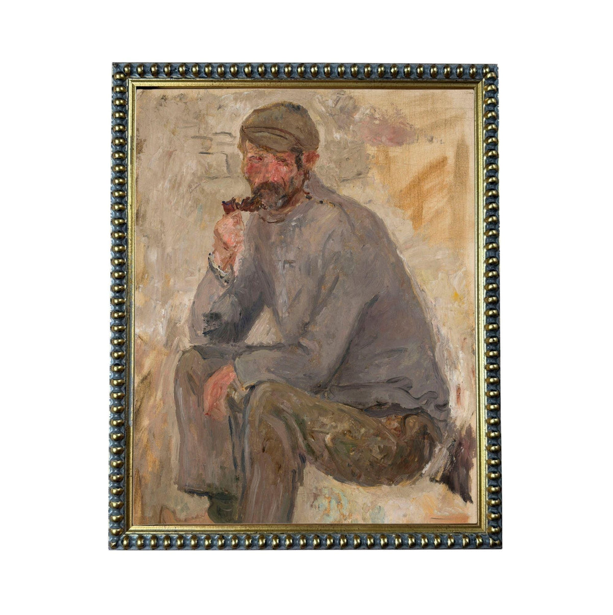 The image is a painting of a man sitting and smoking a pipe.