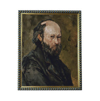 The image is a painting of a man with a beard, wearing a black coat, and looking to the side.