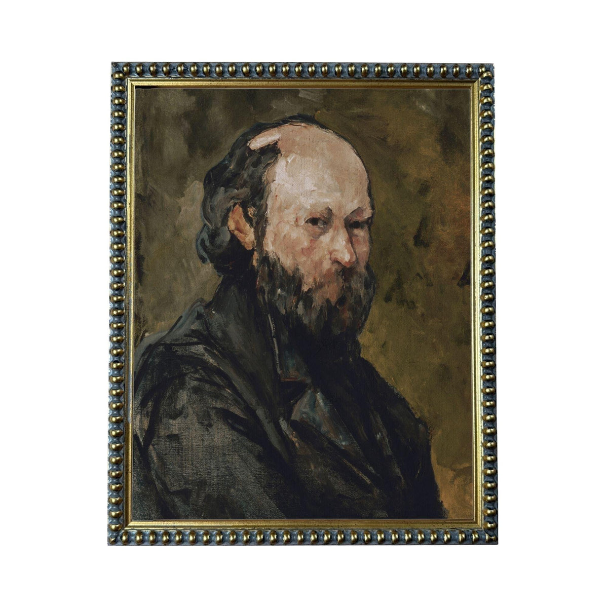 The image is a painting of a man with a beard, wearing a black coat, and looking to the side.