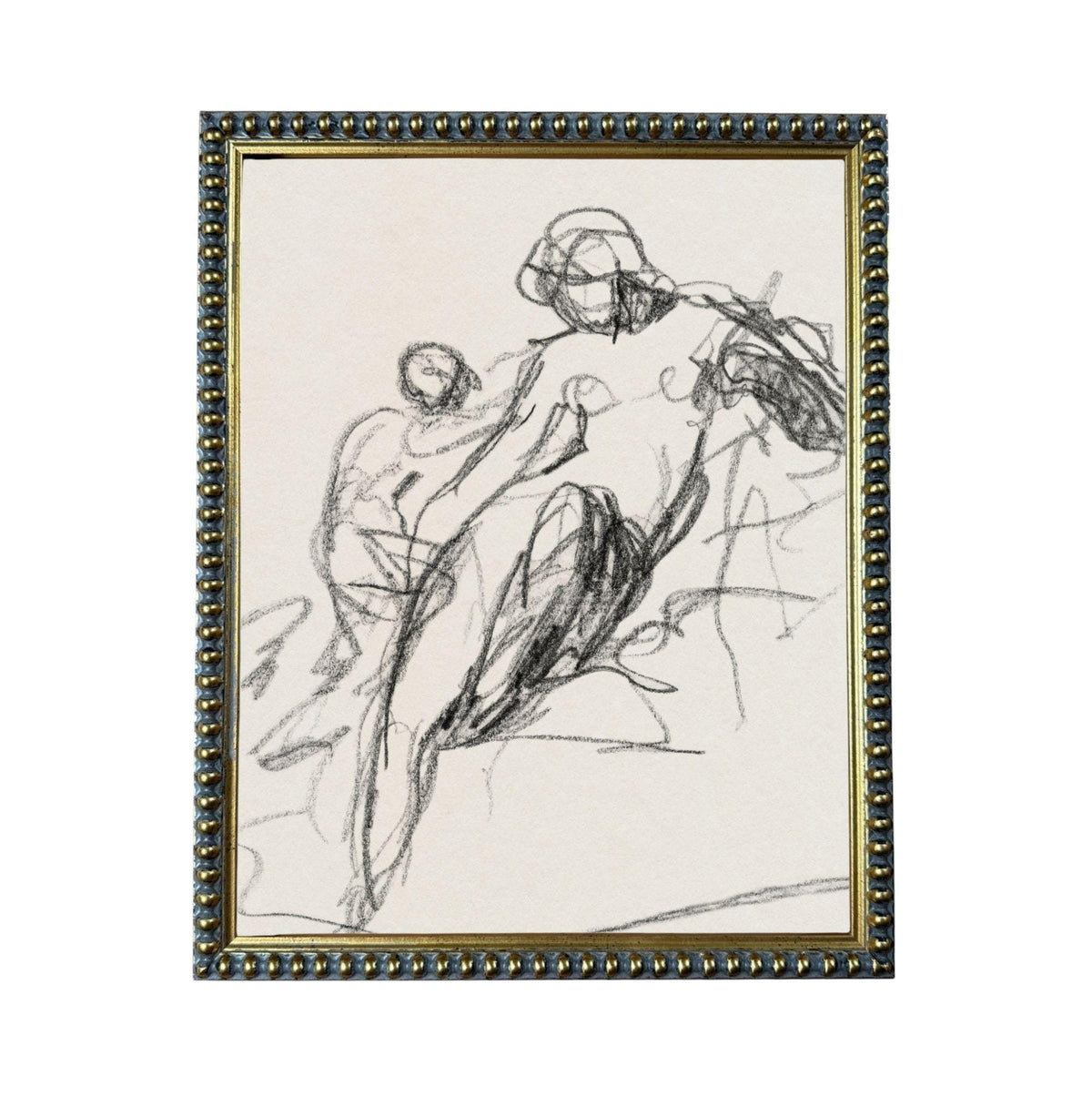 The image is a black and white sketch of a person, likely a woman, with a more abstract and expressive style.