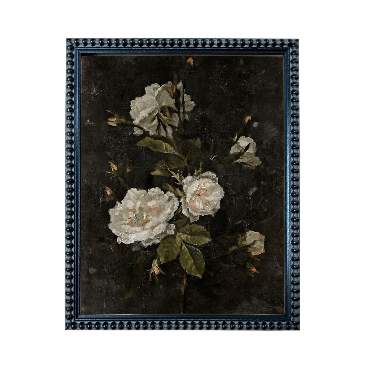 A framed painting depicting a bouquet of white roses against a dark background.