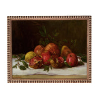 The image is a painting of various fruits, including pomegranates, apples, and oranges, arranged on a white surface.