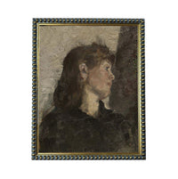 The image is a painting of a woman's profile, with a dark background and a gold frame.
