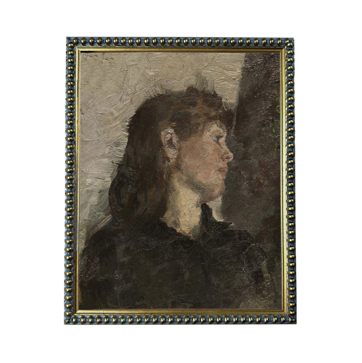 The image is a painting of a woman's profile, with a dark background and a gold frame.