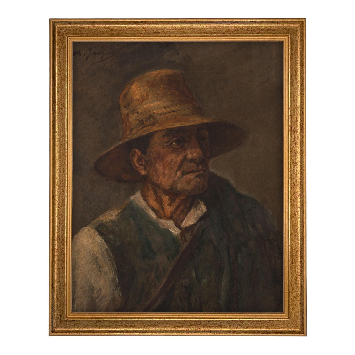 Framed Vintage Print of a Man with Pipe on Canvas #P-555