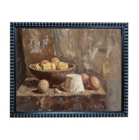 The image is a painting of a still life scene, featuring a bowl of fruit and cheese on a table.