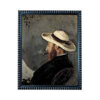 The image is a painting of a man wearing a hat and smoking a cigarette.