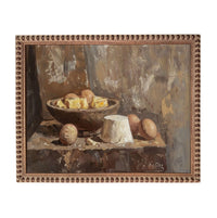 The image is an oil painting depicting a still life arrangement of various food items, including a bowl of fruit, cheese, and eggs, set against a rustic background.