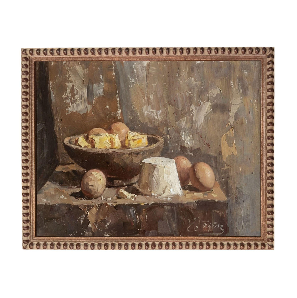The image is an oil painting depicting a still life arrangement of various food items, including a bowl of fruit, cheese, and eggs, set against a rustic background.