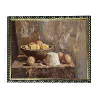 The image is a painting of a still life scene, featuring a bowl of food and various other items arranged on a table.