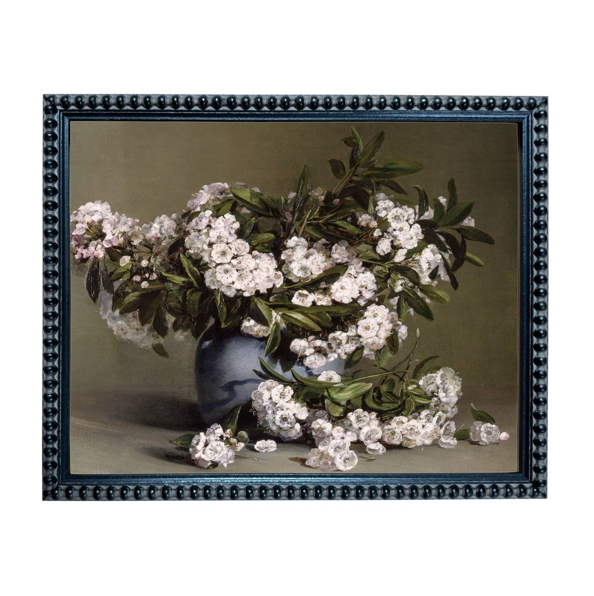 A framed painting depicting a vase filled with white flowers, surrounded by lush green leaves.