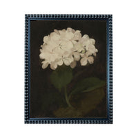 A framed painting depicting a single white flower against a dark background.