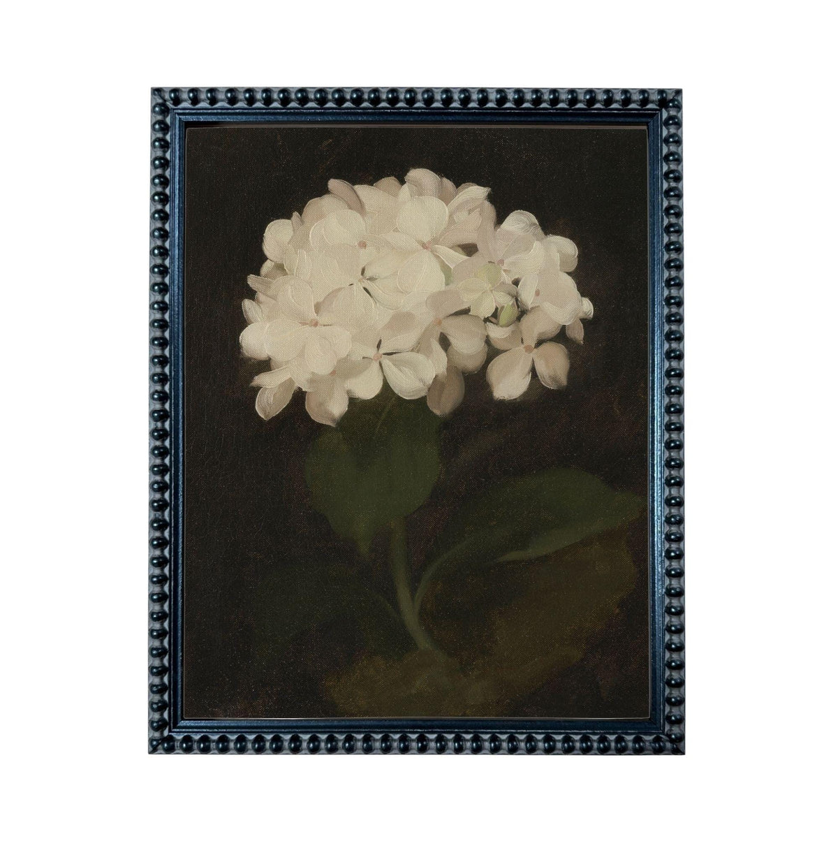 A framed painting depicting a single white flower against a dark background.