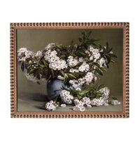 A painting of a vase filled with white flowers, surrounded by green leaves, set against a dark background.