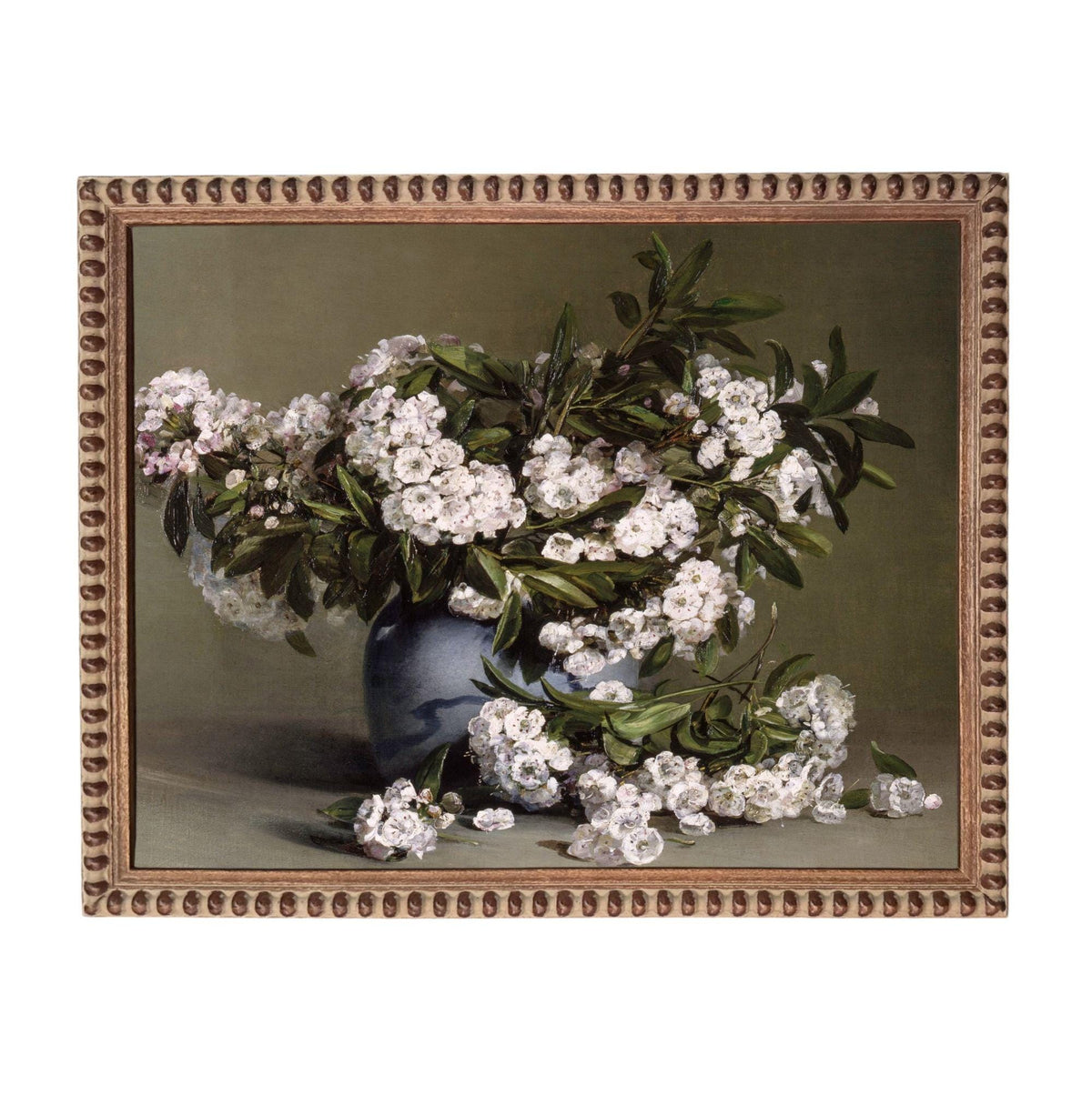 A painting of a vase filled with white flowers, surrounded by green leaves, set against a dark background.