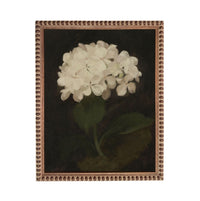 A painting of a single white flower in full bloom, surrounded by green leaves, set against a dark background.