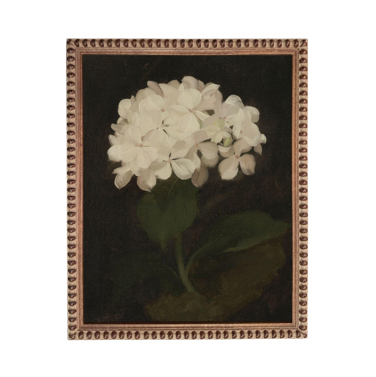 A painting of a single white flower in full bloom, surrounded by green leaves, set against a dark background.