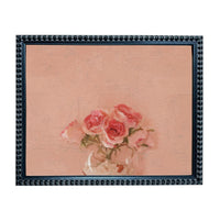 A framed painting depicting a bouquet of pink roses against a peach-colored background.