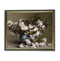 A painting of a vase filled with white flowers, surrounded by green leaves, set against a neutral background.