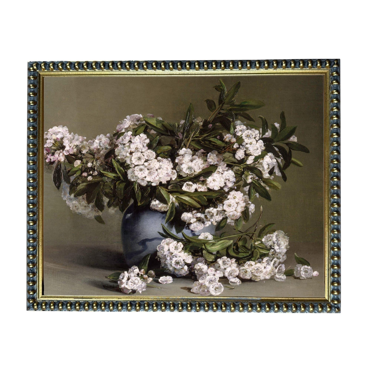 A painting of a vase filled with white flowers, surrounded by green leaves, set against a neutral background.