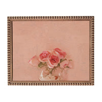 A framed painting depicting a bouquet of pink roses against a pink background.