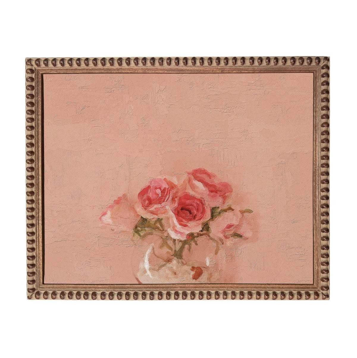 A framed painting depicting a bouquet of pink roses against a pink background.