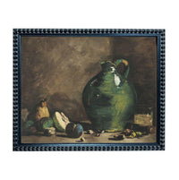 The image is a painting of a green vase with fruit, including pears and apples, arranged on a table.