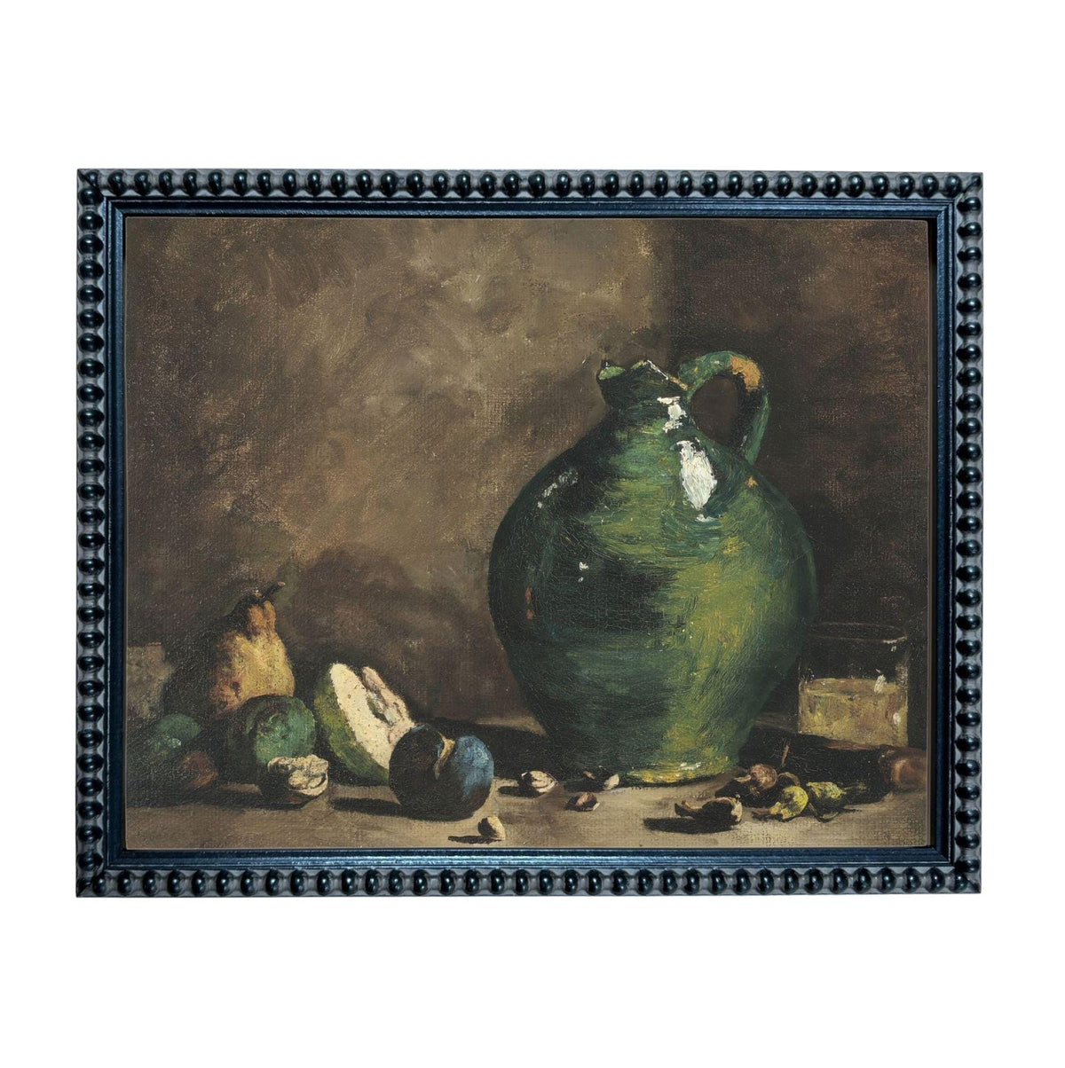 The image is a painting of a green vase with fruit, including pears and apples, arranged on a table.