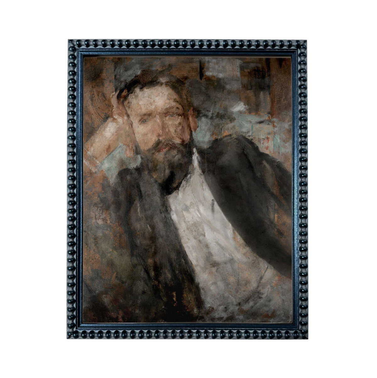 The image is a framed painting depicting a man with a beard, wearing a suit and looking pensive.