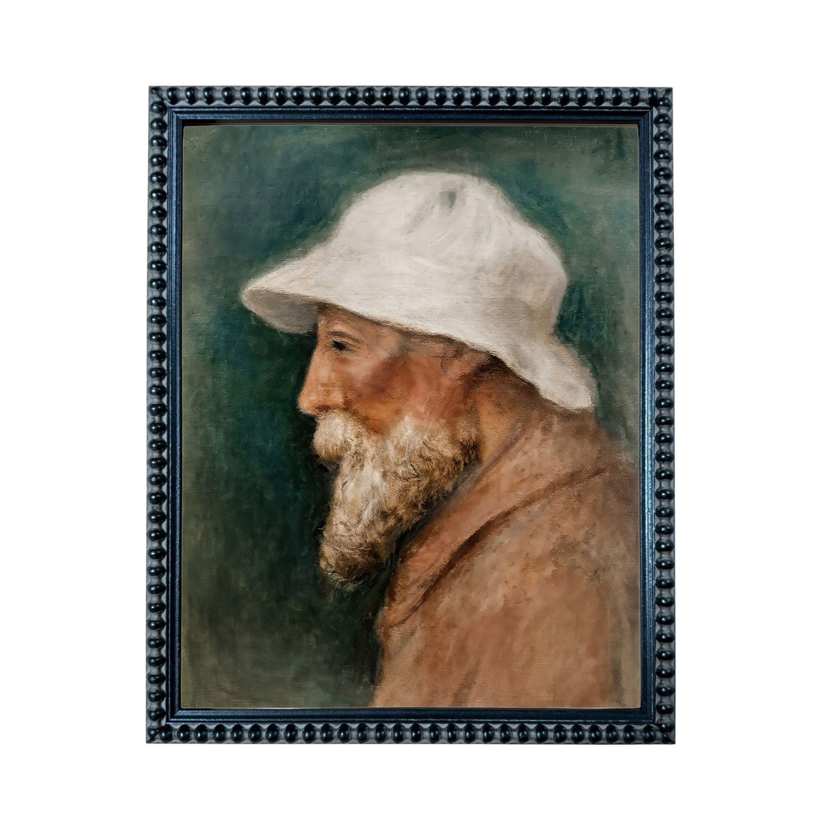 A painting of an older man wearing a white hat, with a beard and a serious expression on his face.