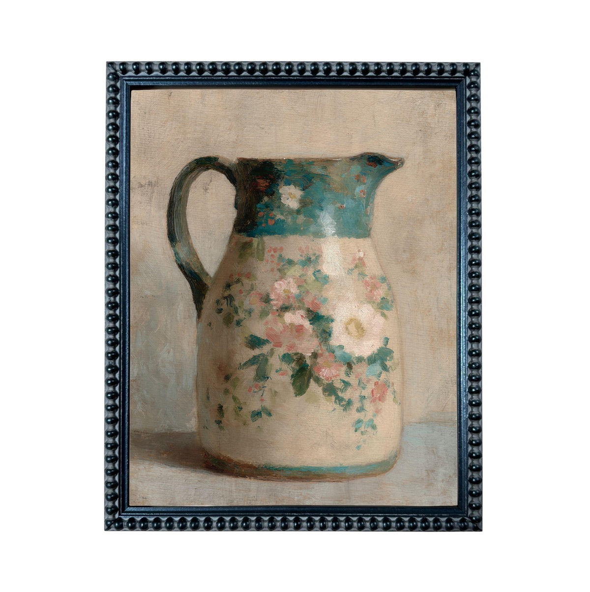 A framed painting depicting a floral-patterned pitcher against a neutral background.