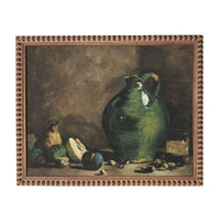 The image is a painting of a green vase with fruit, including a pear and an apple, arranged on a table.