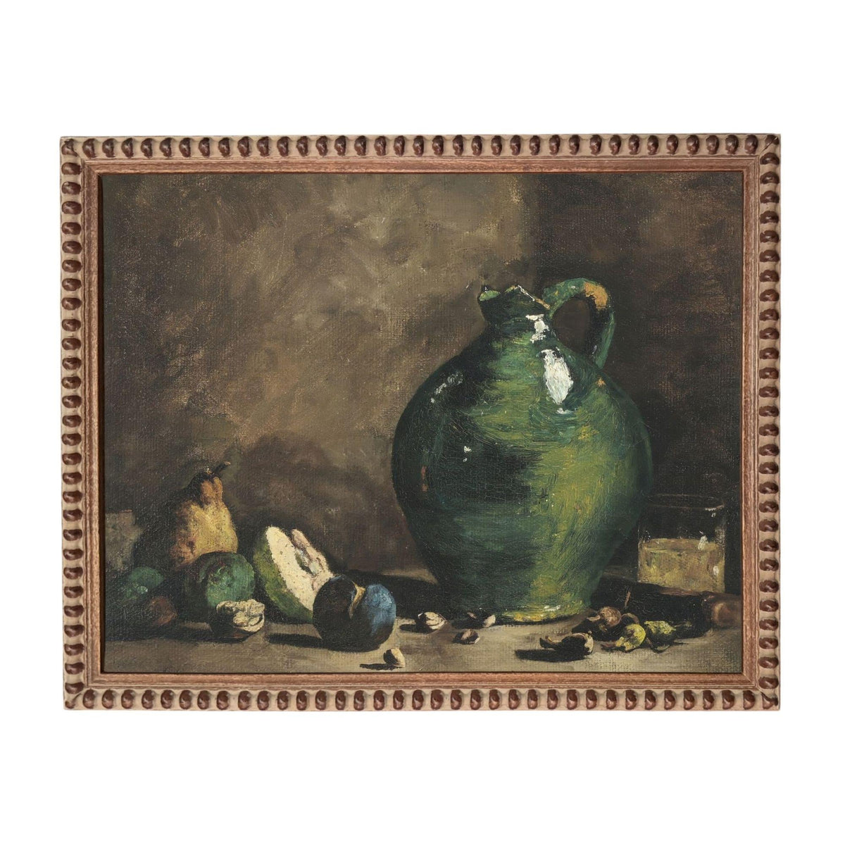 The image is a painting of a green vase with fruit, including a pear and an apple, arranged on a table.