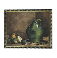 The image is a painting of a green vase with fruit, including pears and plums, arranged on a table.