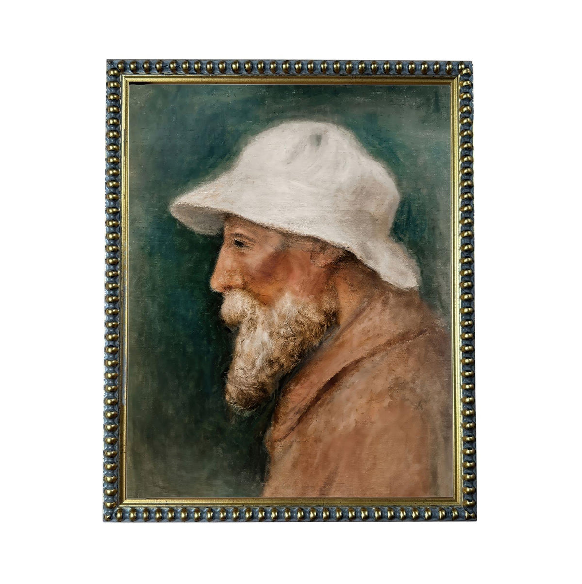 A portrait of an elderly man with a white hat, set against a dark green background.