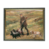 A painting of a man in a brown coat and hat, holding a rifle and accompanied by several dogs in a field.