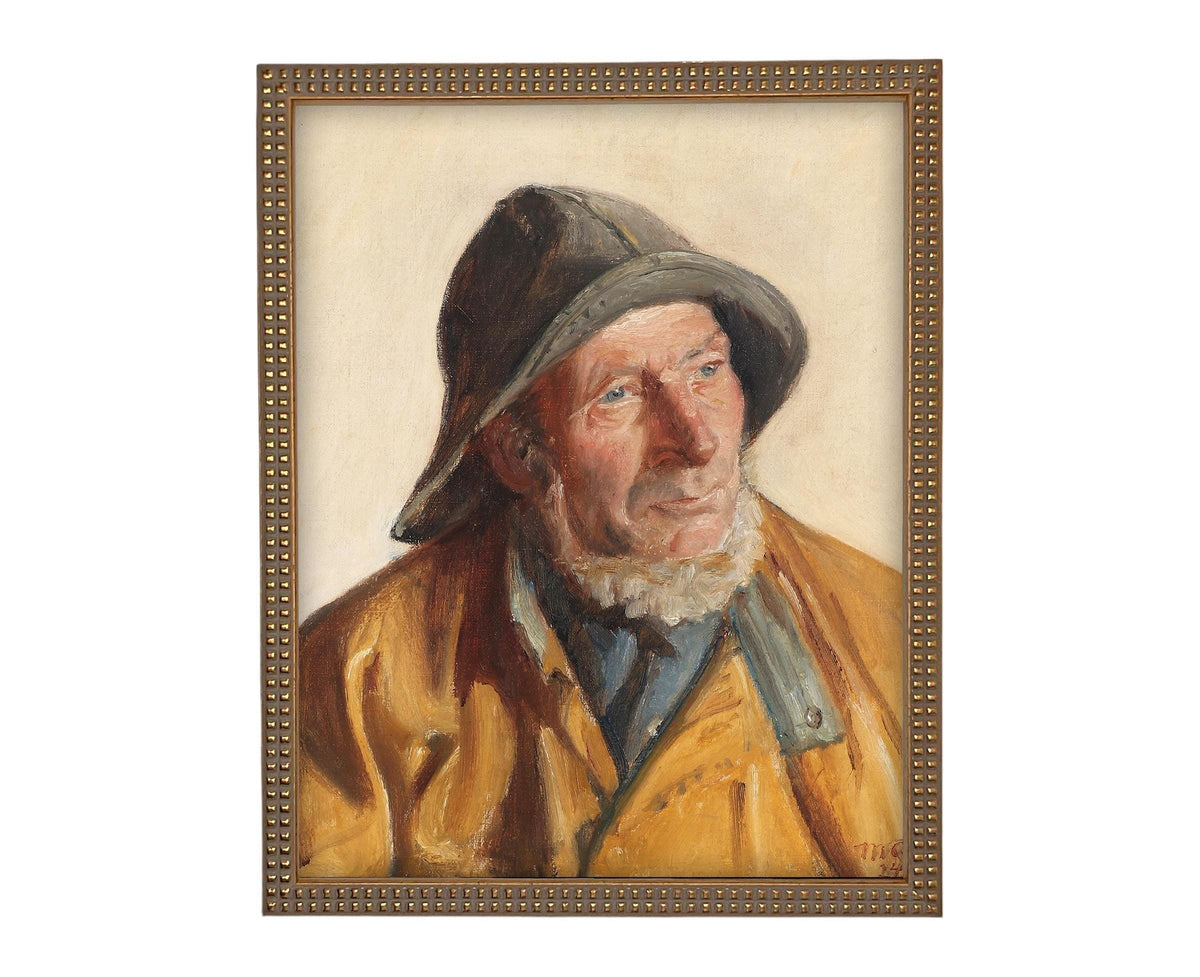 Vintage Framed Canvas Art Portrait of a Fisherman #P-556
