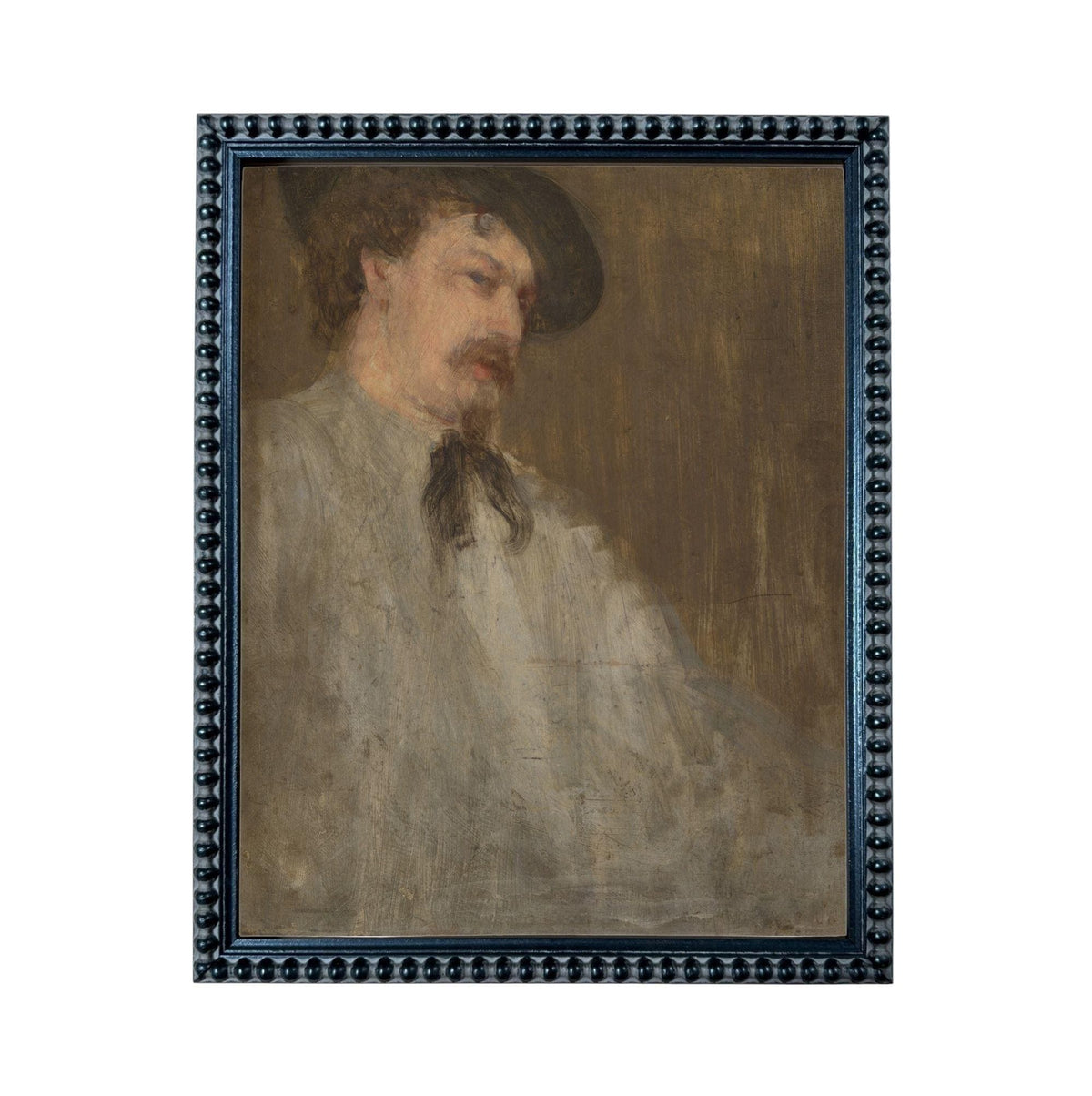 The image is a painting of a man wearing a hat and a white shirt, with a serious expression on his face.
