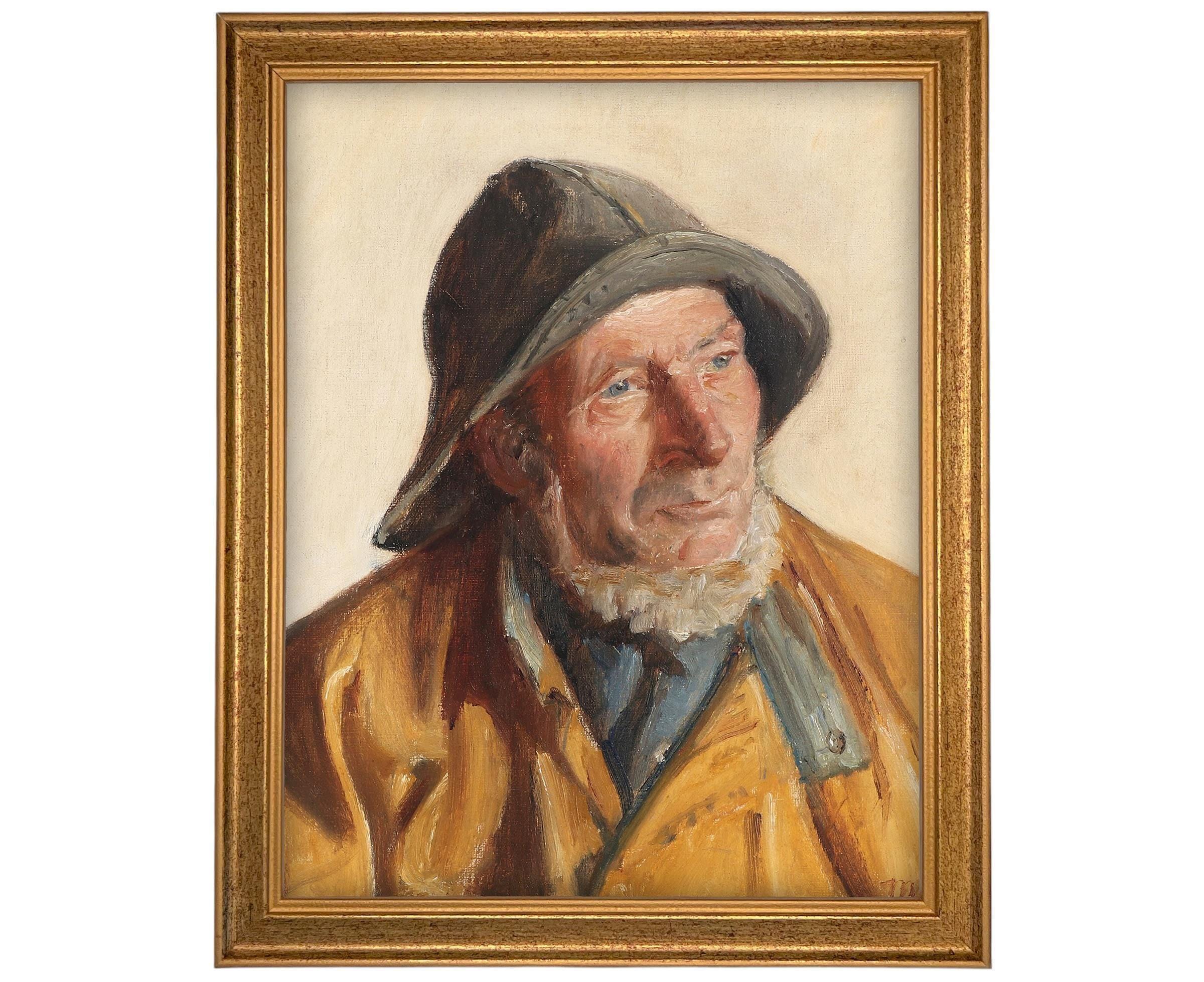 Vintage Framed Canvas Art Portrait of a Fisherman #P-556