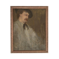 The image is a portrait of a man wearing a hat and a white shirt, with a serious expression on his face.