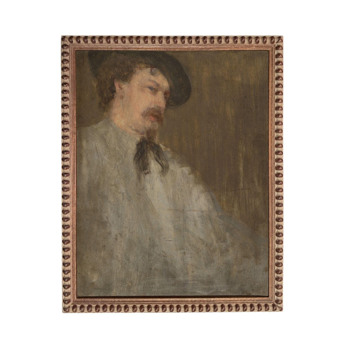 The image is a portrait of a man wearing a hat and a white shirt, with a serious expression on his face.