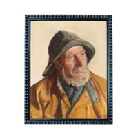 The image is a painting of a man wearing a yellow coat and a hat, with a serious expression on his face.