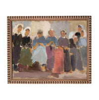 The image is an oil painting depicting a group of people in colorful clothing, arranged in a line and facing the same direction.
