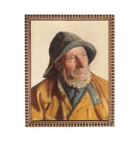 The image is a painting of a man wearing a yellow coat and a hat, with a serious expression on his face.