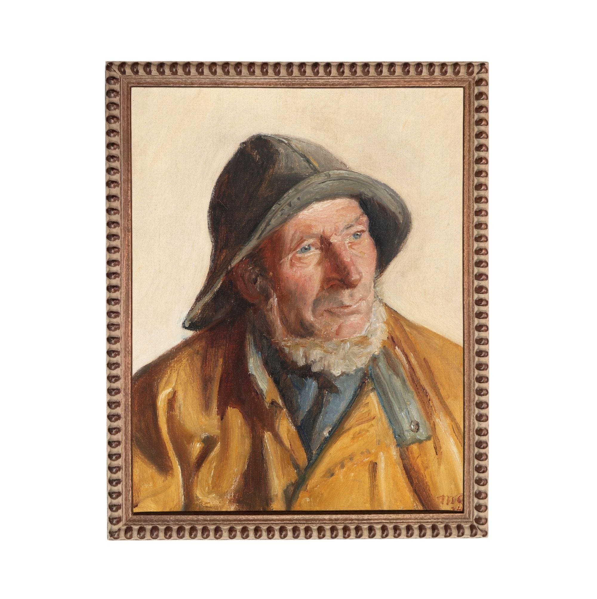 The image is a painting of a man wearing a yellow coat and a hat, with a serious expression on his face.