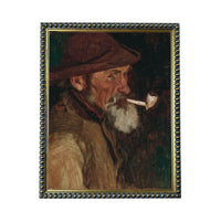 The image is a painting of a man wearing a hat and smoking a pipe.