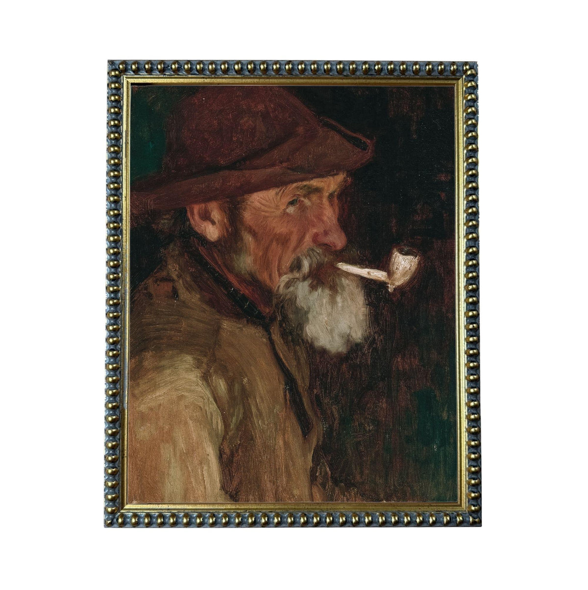 The image is a painting of a man wearing a hat and smoking a pipe.