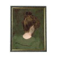 The image is a painting of a woman's back, with a green dress and a bun hairstyle.