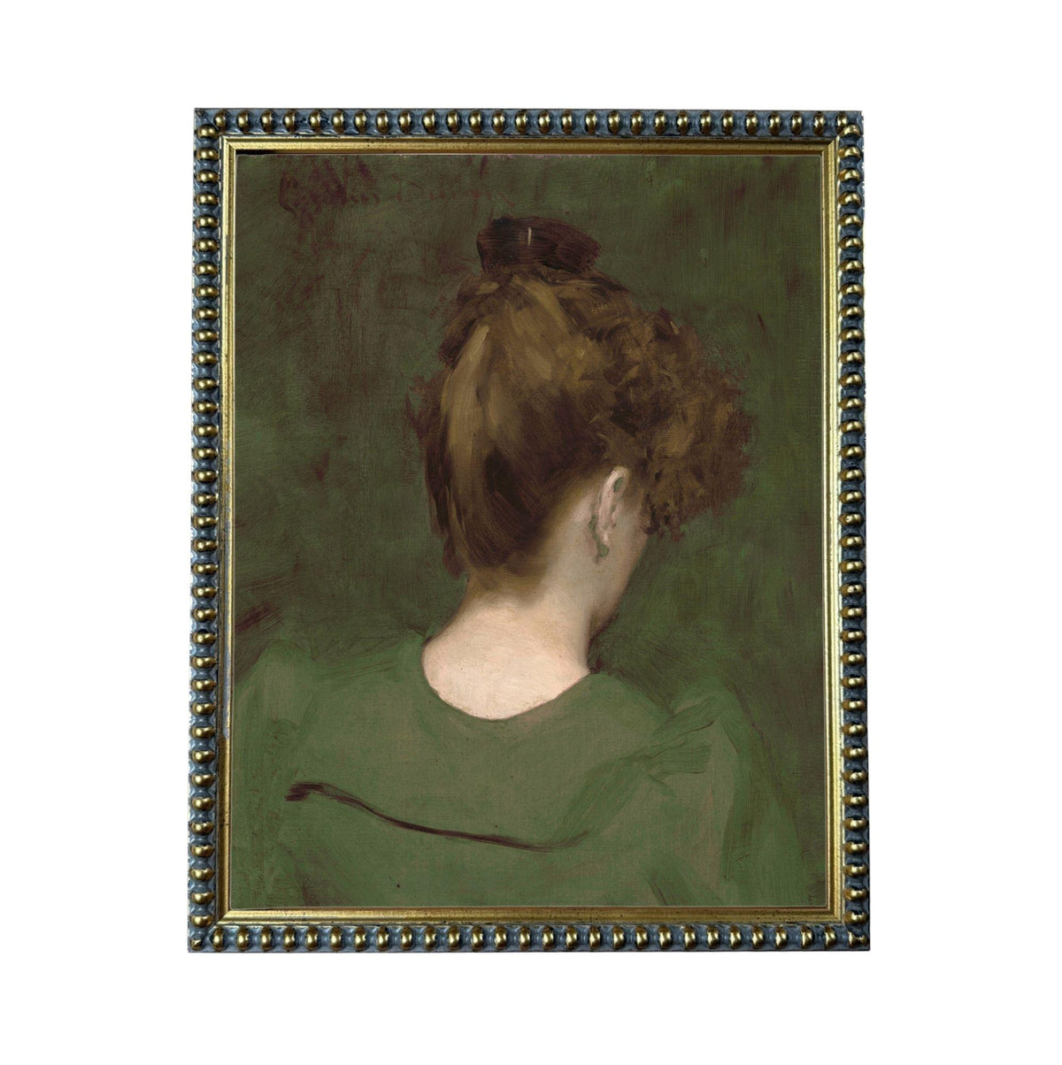 The image is a painting of a woman's back, with a green dress and a bun hairstyle.